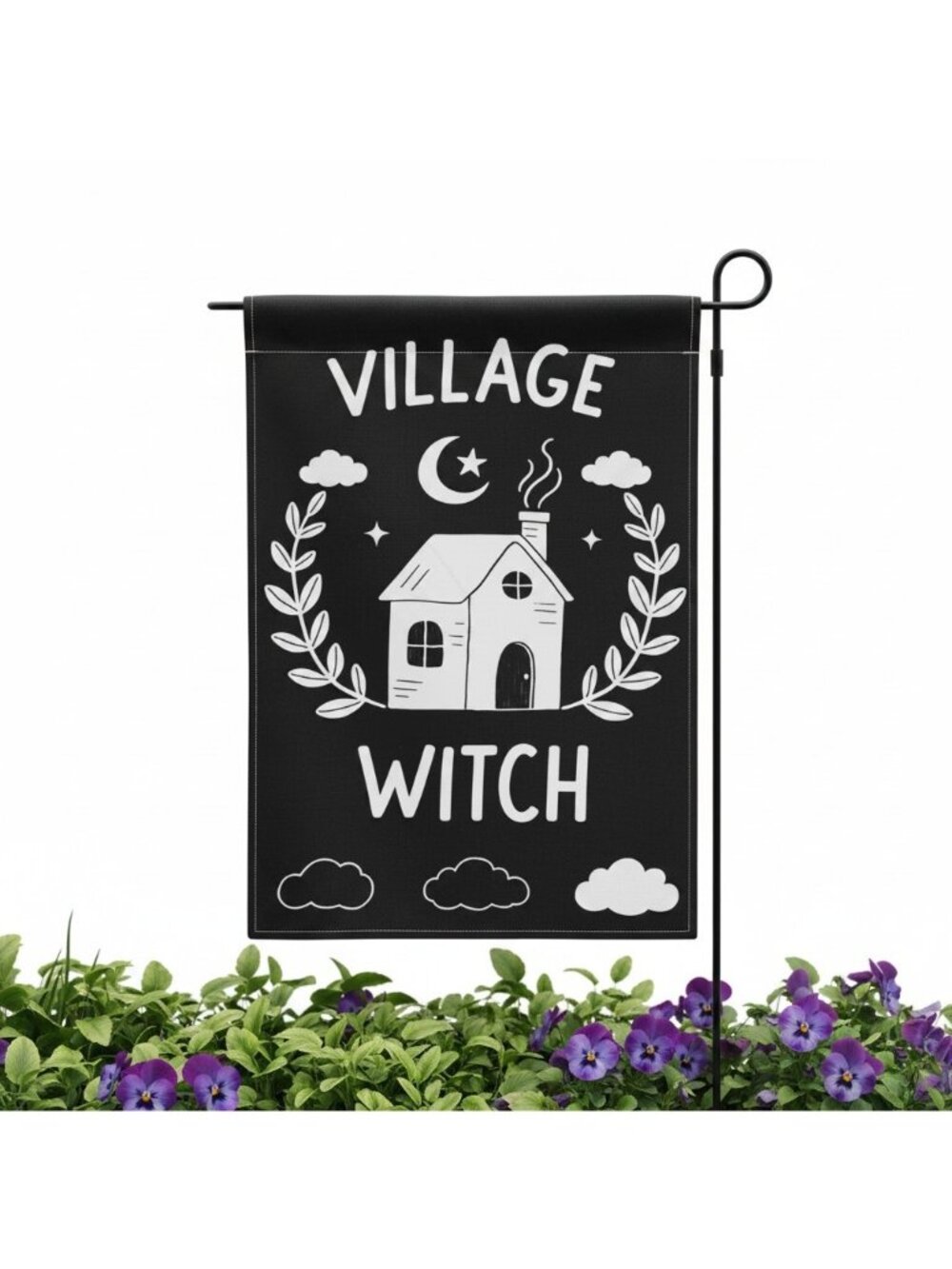 Village Witch Garden Flag 18x12 Black White House Clouds Halloween Yard Decor
